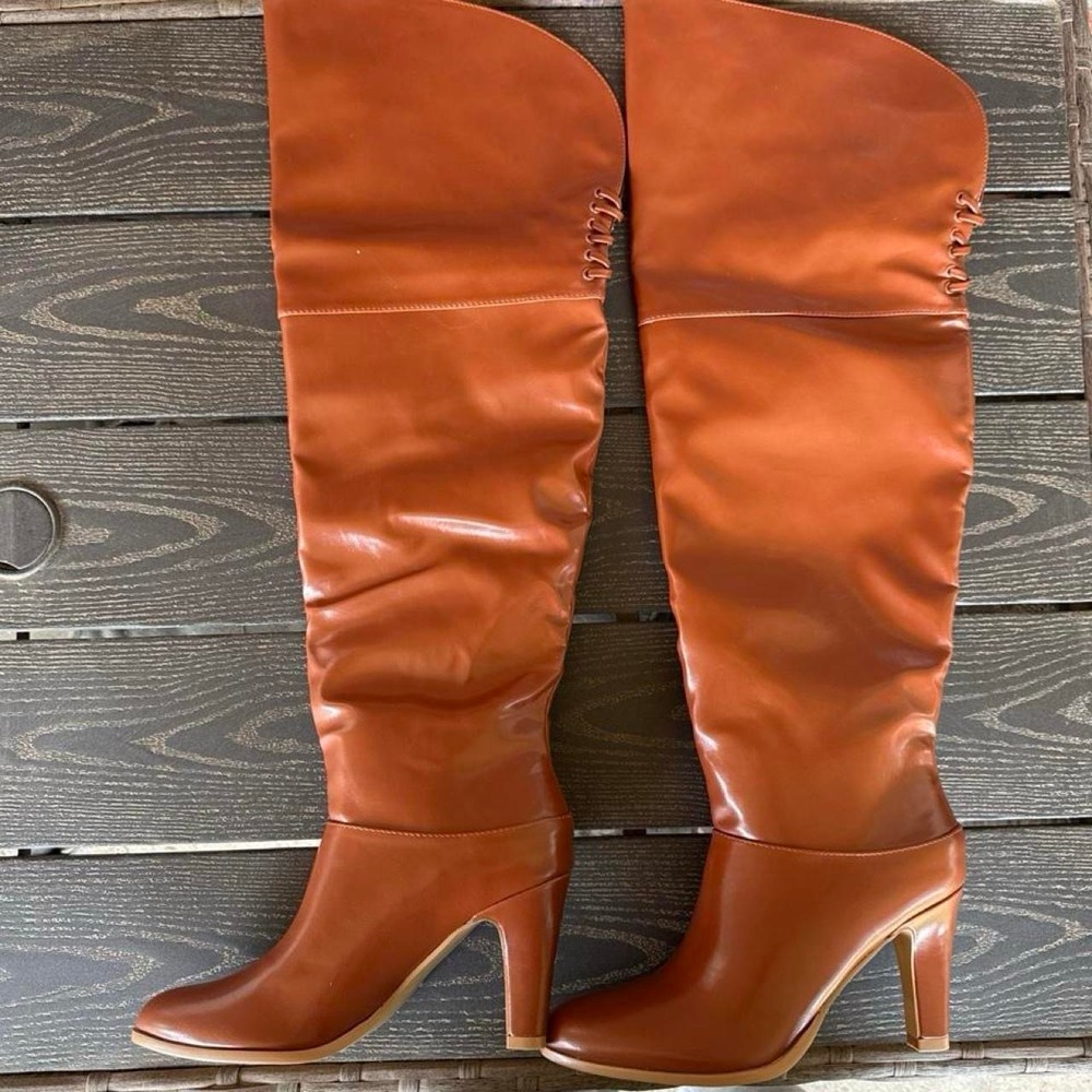 Coutgo Womens Thigh High Boots Pointed Toe Chunky Heel Wide Calf - Picture 4 of 8